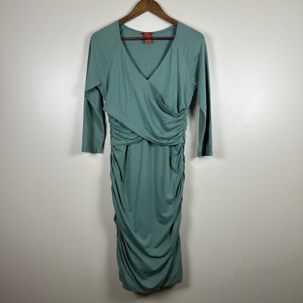 Sundance Women's Medium Midi Dress Sage Green Ruched Wrap V-Neck 3/4 Sleeve